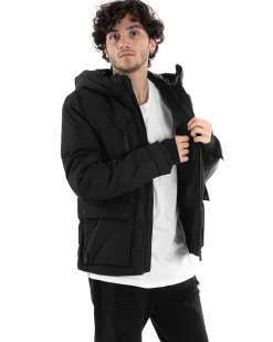 Giubbotto Uomo Bomber Nero Tasche Cappuccio Casual Imbottito GIOSAL-G3004A