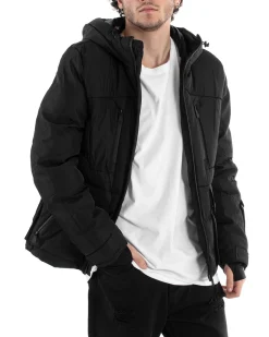 Giubbotto Uomo Bomber Nero Tasche Cappuccio Casual Imbottito GIOSAL-G3004A