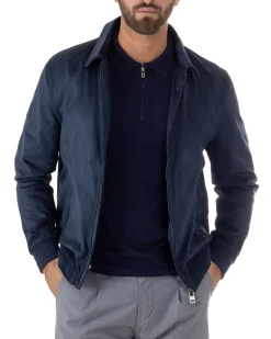 Giubbotto uomo camoscio giacca colletto zip blu GIOSAL-G3392A