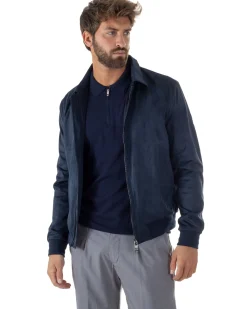 Giubbotto uomo camoscio giacca colletto zip blu GIOSAL-G3392A
