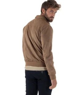Giubbotto uomo camoscio giacca colletto zip beige GIOSAL-G3391A