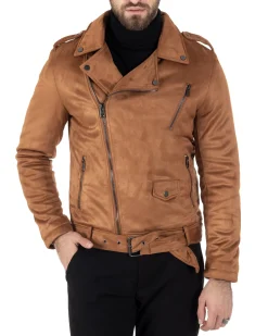 Giubbotto Uomo Chiodo Camoscio Zip Biker Imbottito Camel G3150A