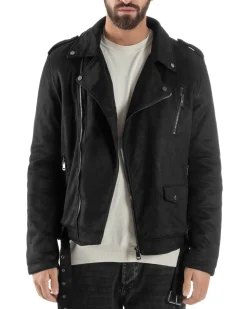 Giubbotto Uomo Chiodo Camoscio Zip Biker Imbottito Nero G3366A