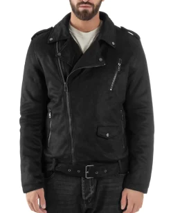 Giubbotto Uomo Chiodo Camoscio Zip Biker Imbottito Nero G3366A