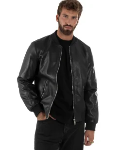 Giubbotto Uomo College Ecopelle Vintage Biker Basic Imbottito Nero G3337A