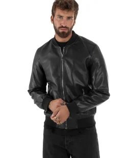 Giubbotto Uomo College Ecopelle Vintage Biker Basic Imbottito Nero G3337A