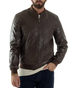 Giubbotto Uomo College Ecopelle Vintage Biker Basic Imbottito Marrone G3364A