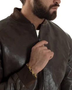 Giubbotto Uomo College Ecopelle Vintage Biker Basic Imbottito Marrone G3364A