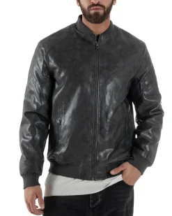 Giubbotto Uomo College Ecopelle Vintage Biker Basic Imbottito Grigio G3365A
