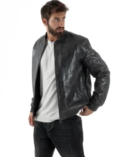 Giubbotto Uomo College Ecopelle Vintage Biker Basic Imbottito Grigio G3365A