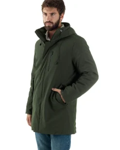 Giubbotto Uomo Con Cappuccio Trench Tessuto Tecnico Giaccone Con Zip Imbottito Lungo Verde G3368A
