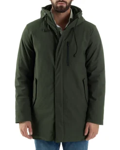Giubbotto Uomo Con Cappuccio Trench Tessuto Tecnico Giaccone Con Zip Imbottito Lungo Verde G3368A