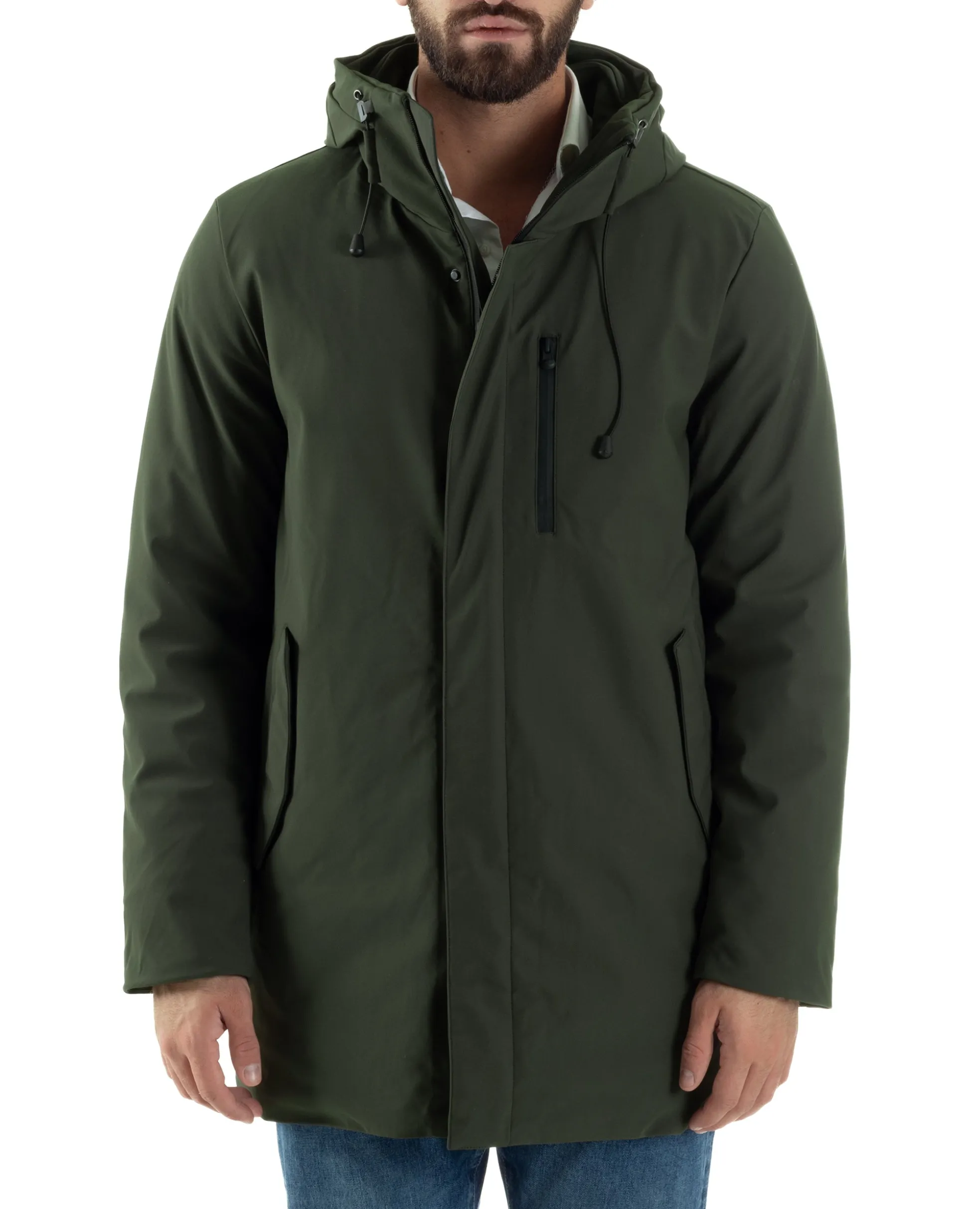 Giubbotto Uomo Con Cappuccio Trench Tessuto Tecnico Giaccone Con Zip Imbottito Lungo Verde G3368A
