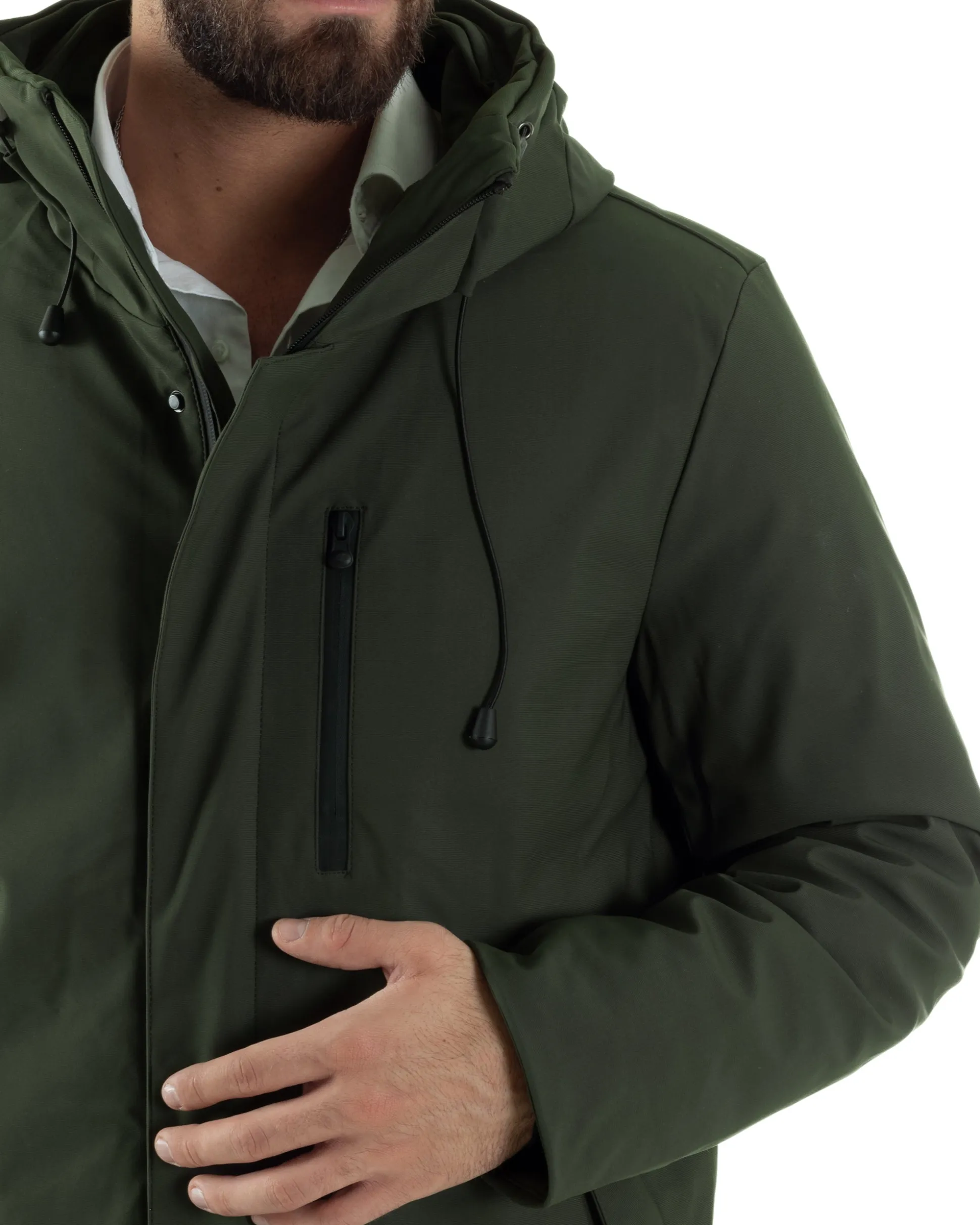 Giubbotto Uomo Con Cappuccio Trench Tessuto Tecnico Giaccone Con Zip Imbottito Lungo Verde G3368A