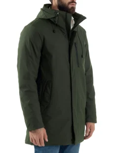 Giubbotto Uomo Con Cappuccio Trench Tessuto Tecnico Giaccone Con Zip Imbottito Lungo Verde G3368A