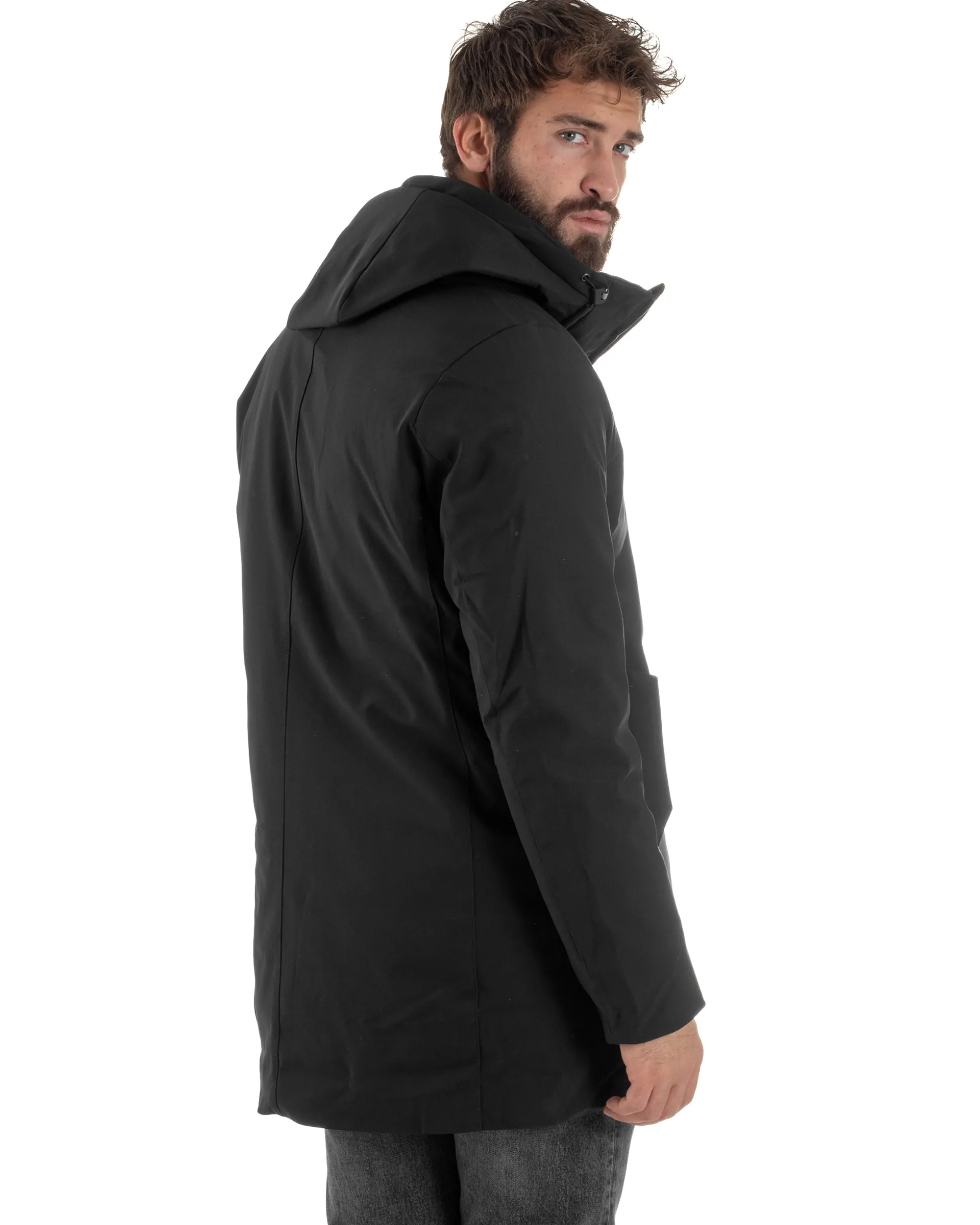 Giubbotto Uomo Con Cappuccio Trench Tessuto Tecnico Giaccone Con Zip Imbottito Lungo Nero G3369A