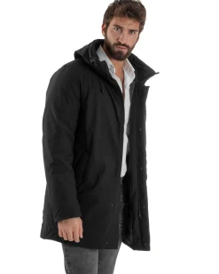 Giubbotto Uomo Con Cappuccio Trench Tessuto Tecnico Giaccone Con Zip Imbottito Lungo Nero G3369A