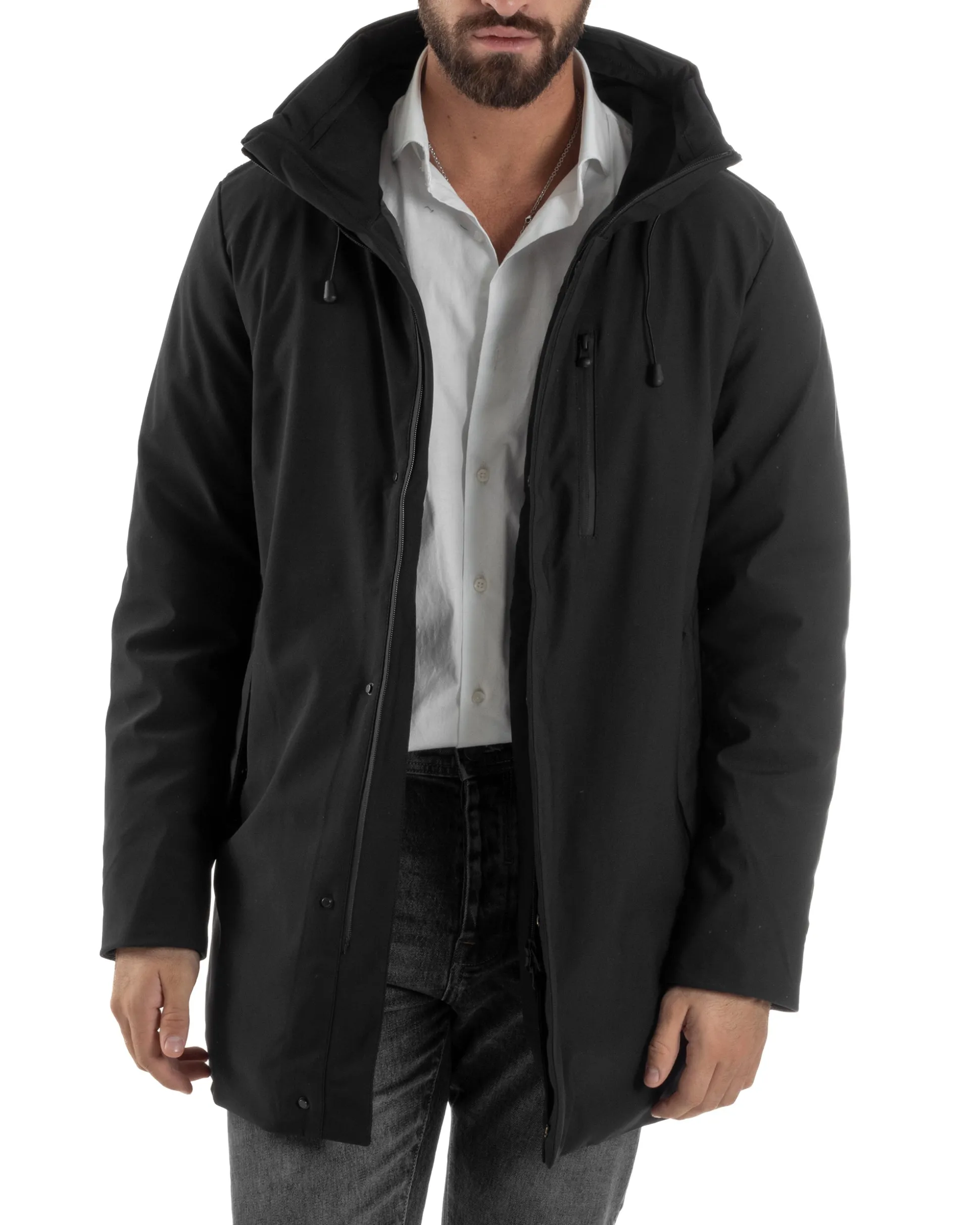 Giubbotto Uomo Con Cappuccio Trench Tessuto Tecnico Giaccone Con Zip Imbottito Lungo Nero G3369A
