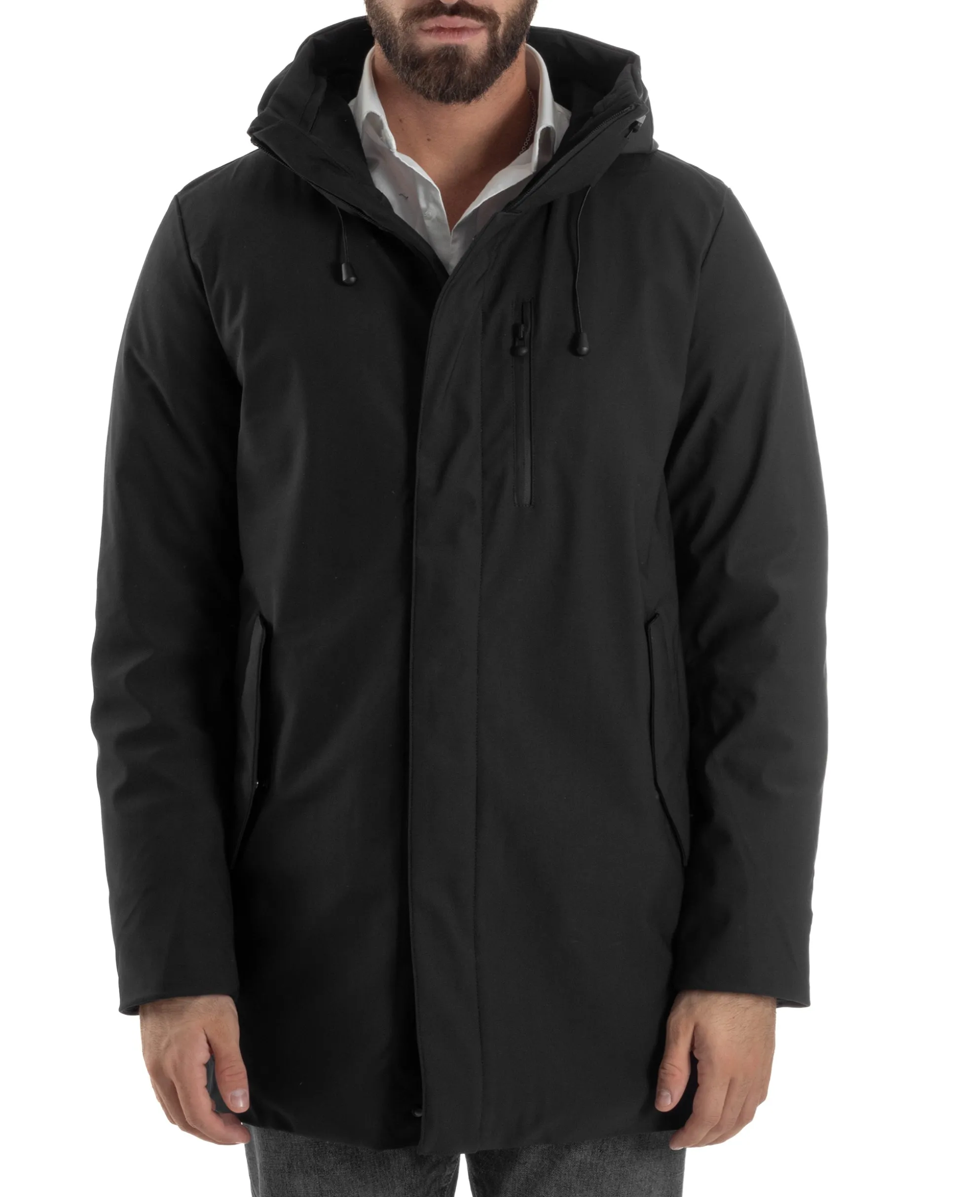 Giubbotto Uomo Con Cappuccio Trench Tessuto Tecnico Giaccone Con Zip Imbottito Lungo Nero G3369A