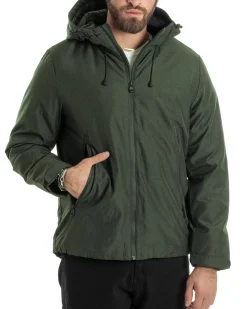 Giubbotto Uomo Con Cappuccio Tessuto Tecnico Giacca Imbottita Calda Tinta Unita Casual Verde Melangiato GIOSAL-G3276A