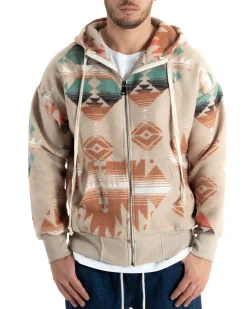 Giubbotto Uomo Con Cappuccio Felpa Con Zip Casual Fantasia Etnica Beige GIOSAL-G3139A