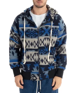 Giubbotto Uomo Con Cappuccio Felpa Con Zip Casual Fantasia Etnica Blu GIOSAL-G3140A