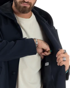 Giubbotto Uomo Con Cappuccio Trench Tessuto Tecnico Impermeabile Lungo Antivento Blu G3235A