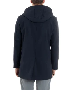 Giubbotto Uomo Con Cappuccio Trench Tessuto Tecnico Impermeabile Lungo Antivento Blu G3235A