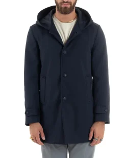 Giubbotto Uomo Con Cappuccio Trench Tessuto Tecnico Impermeabile Lungo Antivento Blu G3235A