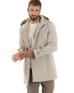 Giubbotto Uomo Con Cappuccio Trench Tessuto Tecnico Impermeabile Lungo Antivento Beige G3236A