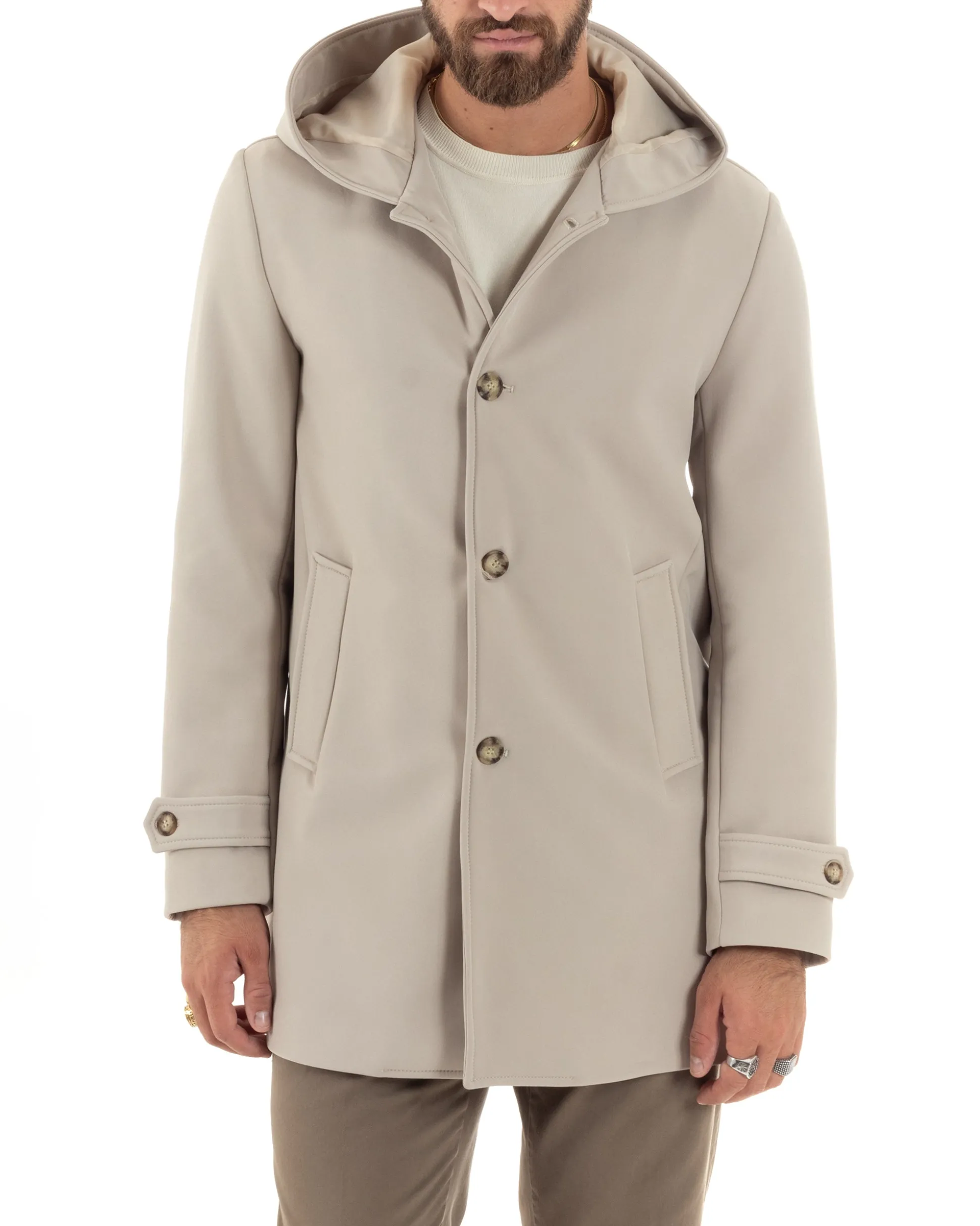 Giubbotto Uomo Con Cappuccio Trench Tessuto Tecnico Impermeabile Lungo Antivento Beige G3236A