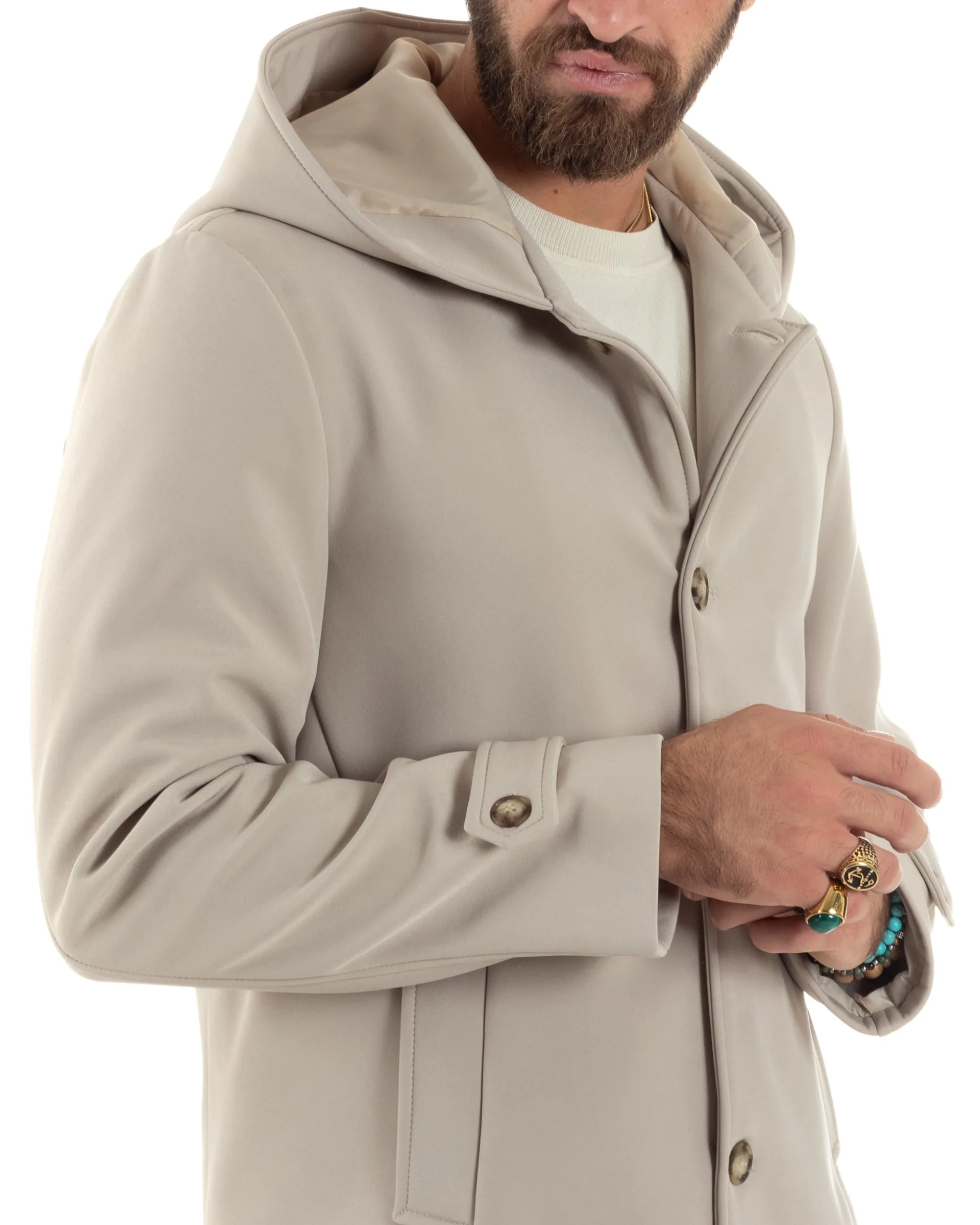 Giubbotto Uomo Con Cappuccio Trench Tessuto Tecnico Impermeabile Lungo Antivento Beige G3236A
