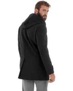 Giubbotto Uomo Con Cappuccio Trench Tessuto Tecnico Impermeabile Lungo Antivento Nero G3237A