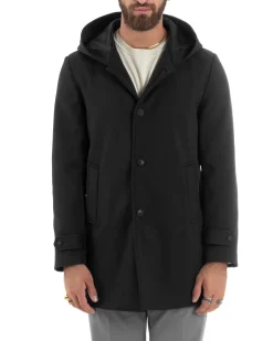 Giubbotto Uomo Con Cappuccio Trench Tessuto Tecnico Impermeabile Lungo Antivento Nero G3237A