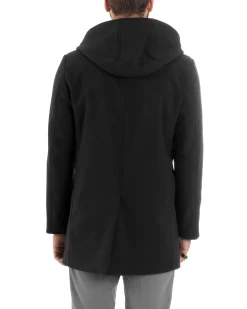 Giubbotto Uomo Con Cappuccio Trench Tessuto Tecnico Impermeabile Lungo Antivento Nero G3237A