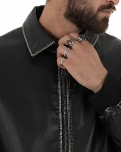 Giubbotto uomo crop giacca bomber boxy zip colletto ecopelle nero GIOSAL-G3386A