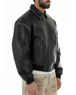 Giubbotto uomo crop giacca bomber boxy zip colletto ecopelle nero GIOSAL-G3386A