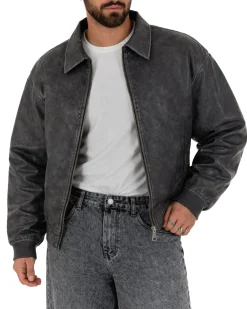 Giubbotto uomo crop giacca bomber boxy zip colletto ecopelle grigio GIOSAL-G3387A