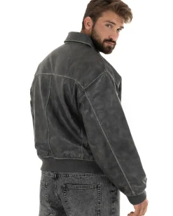 Giubbotto uomo crop giacca bomber boxy zip colletto ecopelle grigio GIOSAL-G3387A