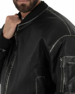 Giubbotto uomo crop giacca bomber boxy zip college ecopelle nero GIOSAL-G3388A