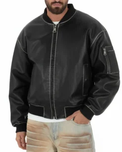 Giubbotto uomo crop giacca bomber boxy zip college ecopelle nero GIOSAL-G3388A