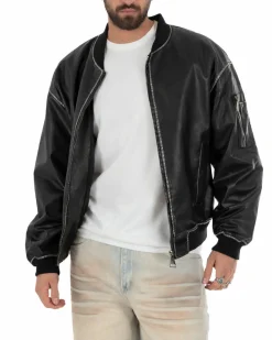 Giubbotto uomo crop giacca bomber boxy zip college ecopelle nero GIOSAL-G3388A