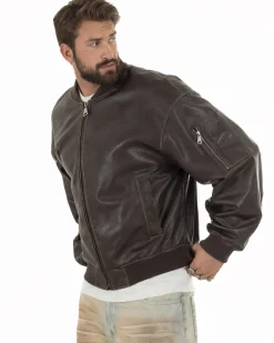 Giubbotto uomo crop giacca bomber boxy zip college ecopelle marrone GIOSAL-G3389A