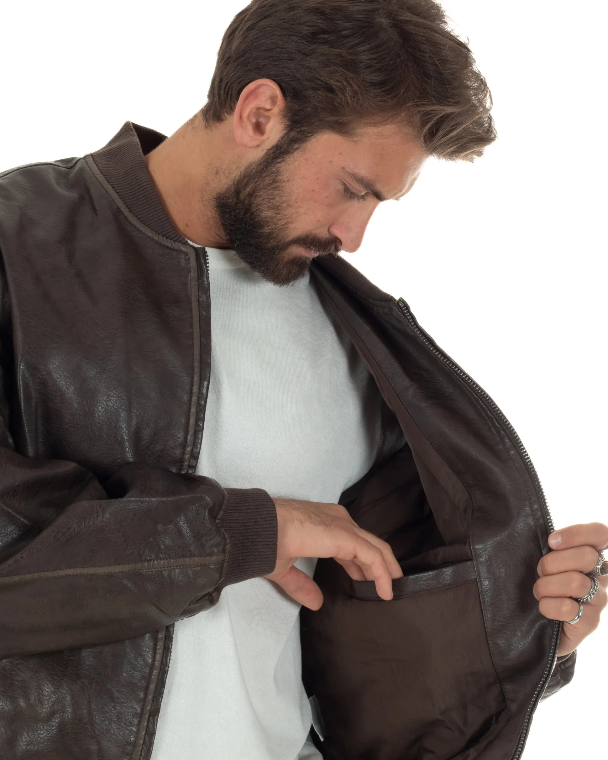Giubbotto uomo crop giacca bomber boxy zip college ecopelle marrone GIOSAL-G3389A
