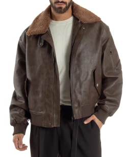 Giubbotto Uomo Ecopelle Bomber Collo Pelliccia Aviatore Oversize Marrone G3343A