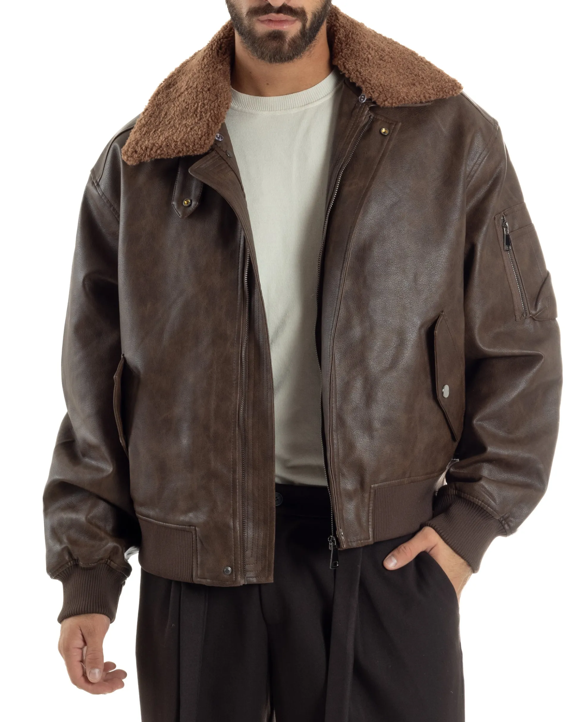 Giubbotto Uomo Ecopelle Bomber Collo Pelliccia Aviatore Oversize Marrone G3343A