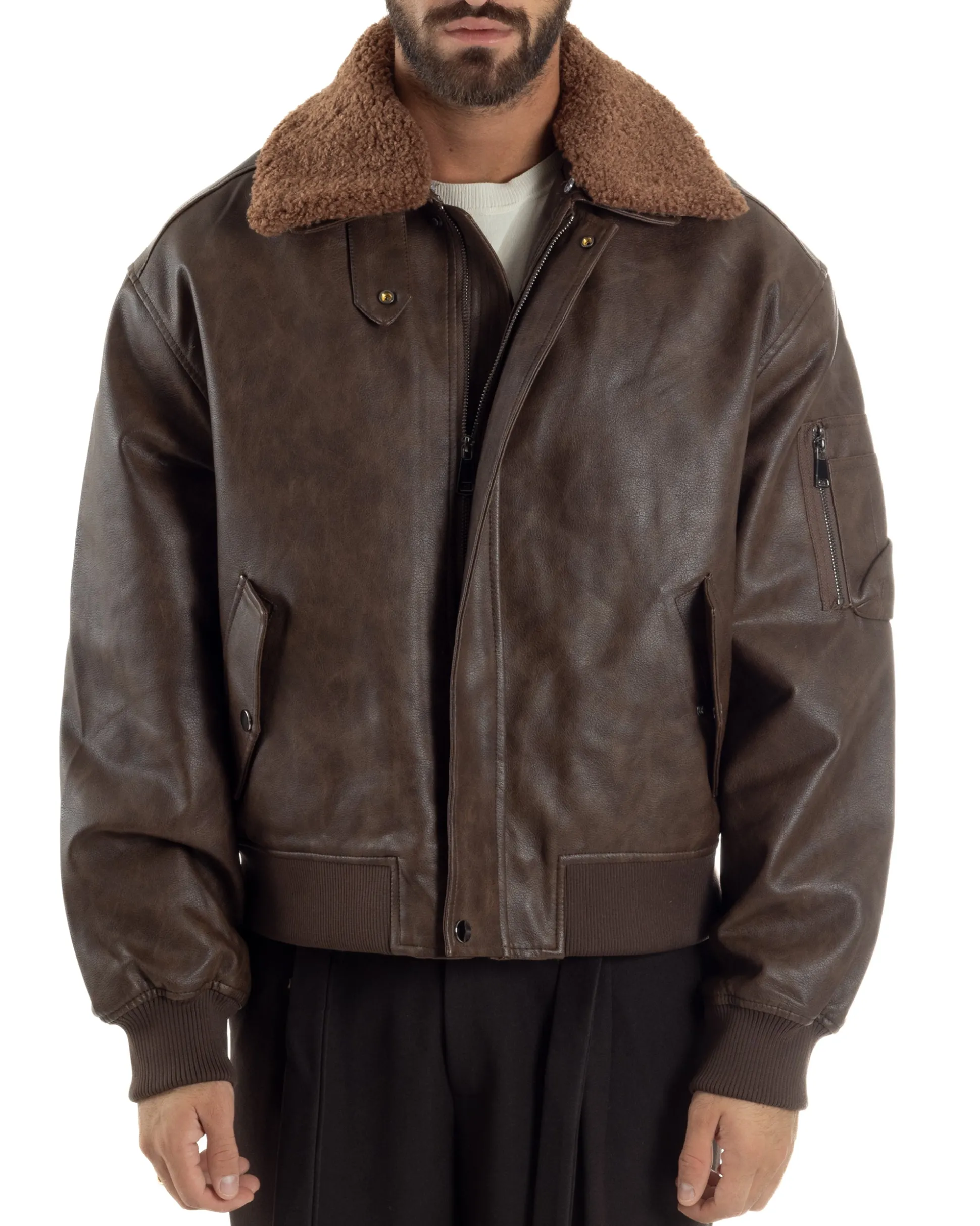 Giubbotto Uomo Ecopelle Bomber Collo Pelliccia Aviatore Oversize Marrone G3343A