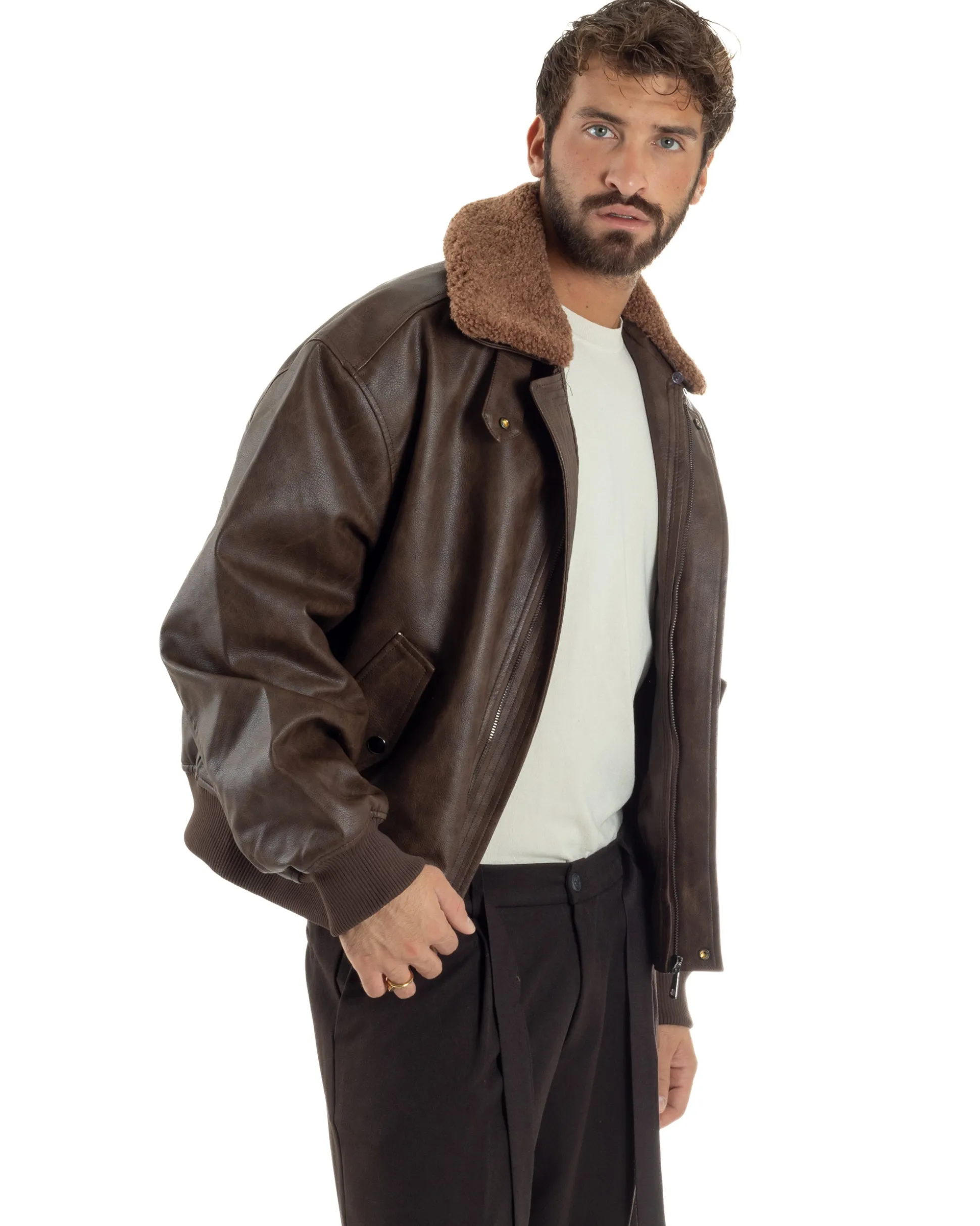 Giubbotto Uomo Ecopelle Bomber Collo Pelliccia Aviatore Oversize Marrone G3343A