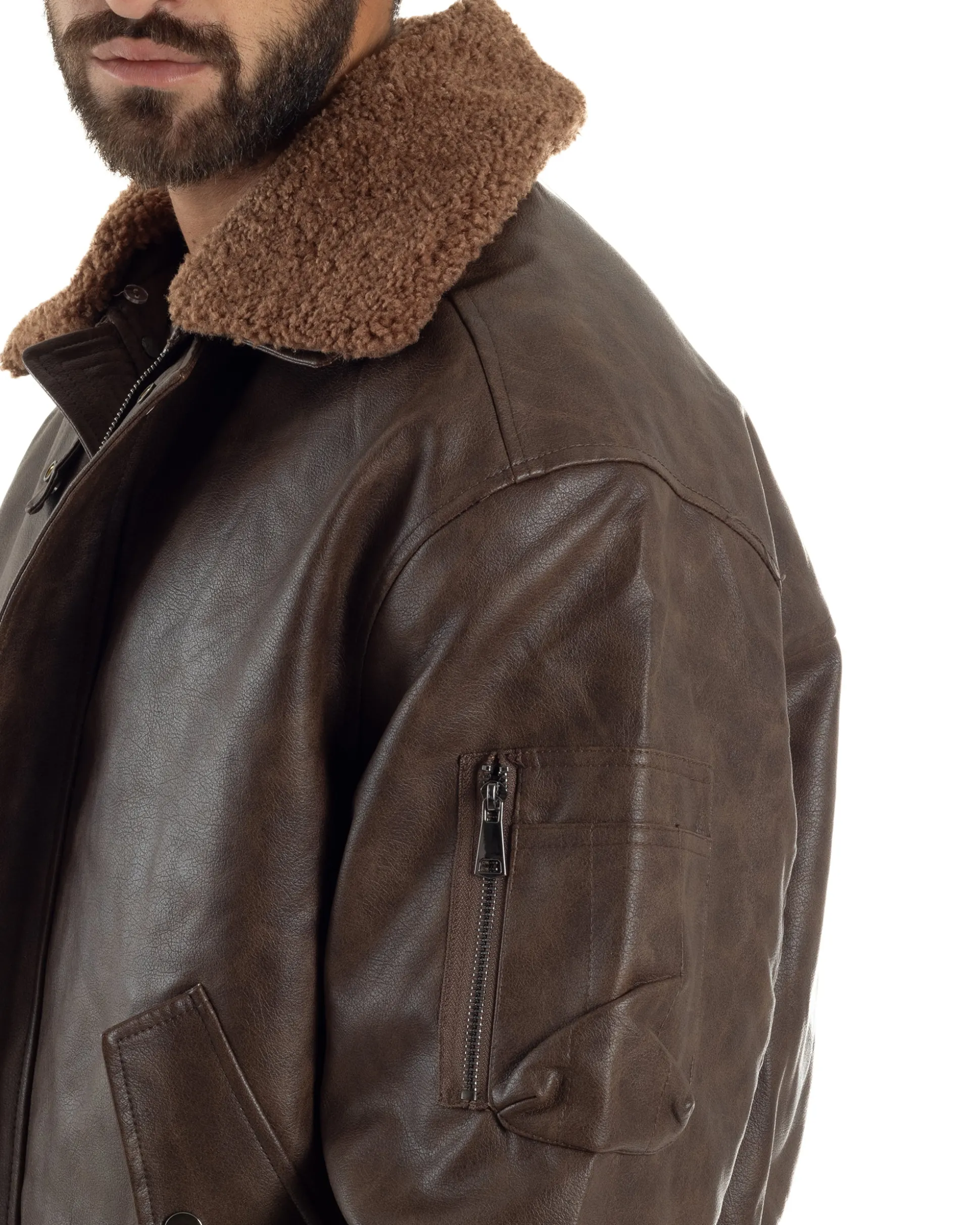 Giubbotto Uomo Ecopelle Bomber Collo Pelliccia Aviatore Oversize Marrone G3343A