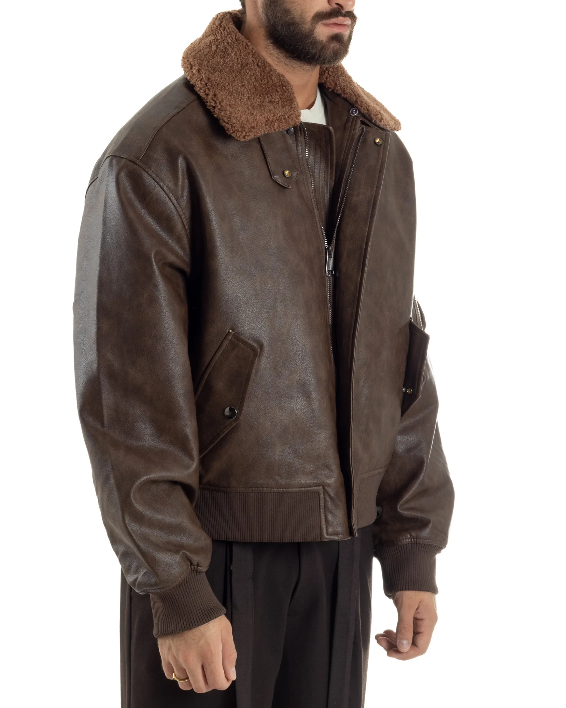 Giubbotto Uomo Ecopelle Bomber Collo Pelliccia Aviatore Oversize Marrone G3343A